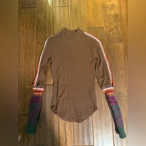 Free People Brown Long Sleeve Top with Colorful Accents